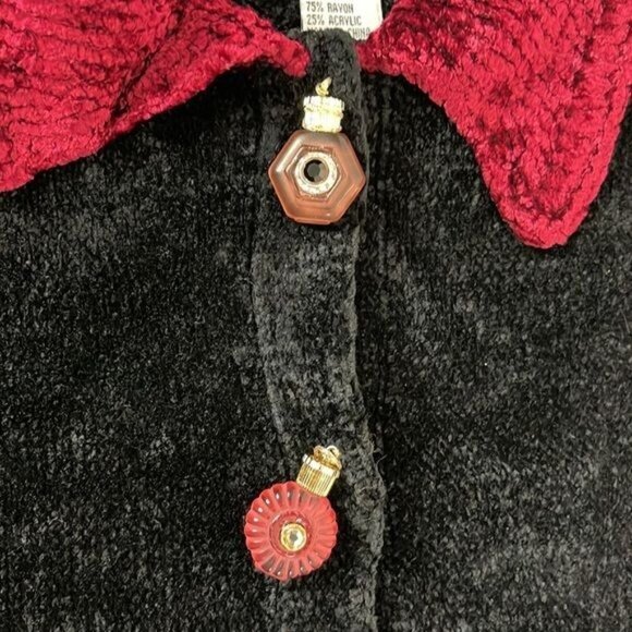 Vtg  J Two New York Black Maroon Cardigan Sweater w Perfume Bottle Buttons LARGE - Picture 8 of 12